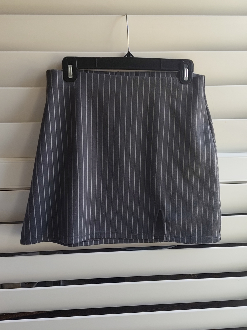 SO Pinstriped Mini Skirt in Charcoal Gray with Subtle Front Slit